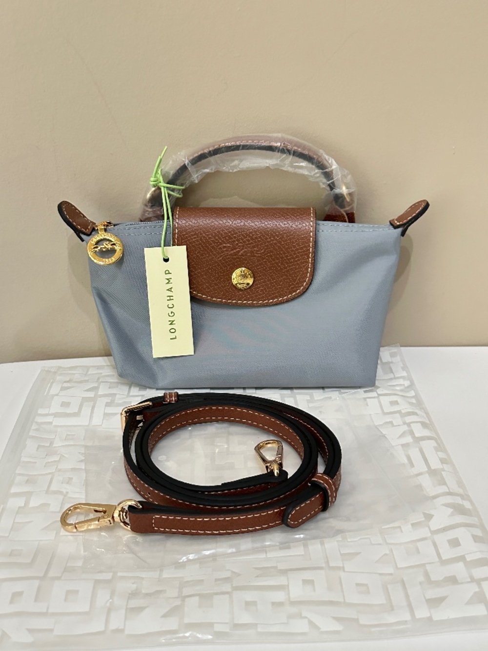 NWT Longchamp le pliage Steel Acier Light Blue Mini Micro Crossbody Hand Bag